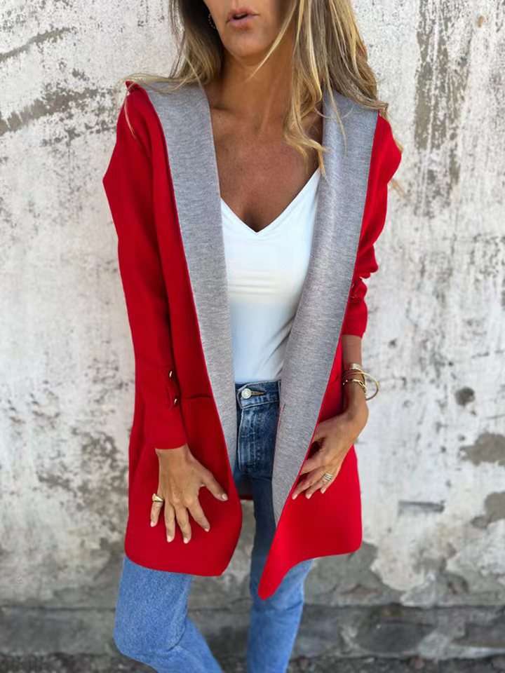European And American Spring New Women's Clothing Casual Contrast Color Sweater Cardigan Hooded Coat - globaltradeleader
