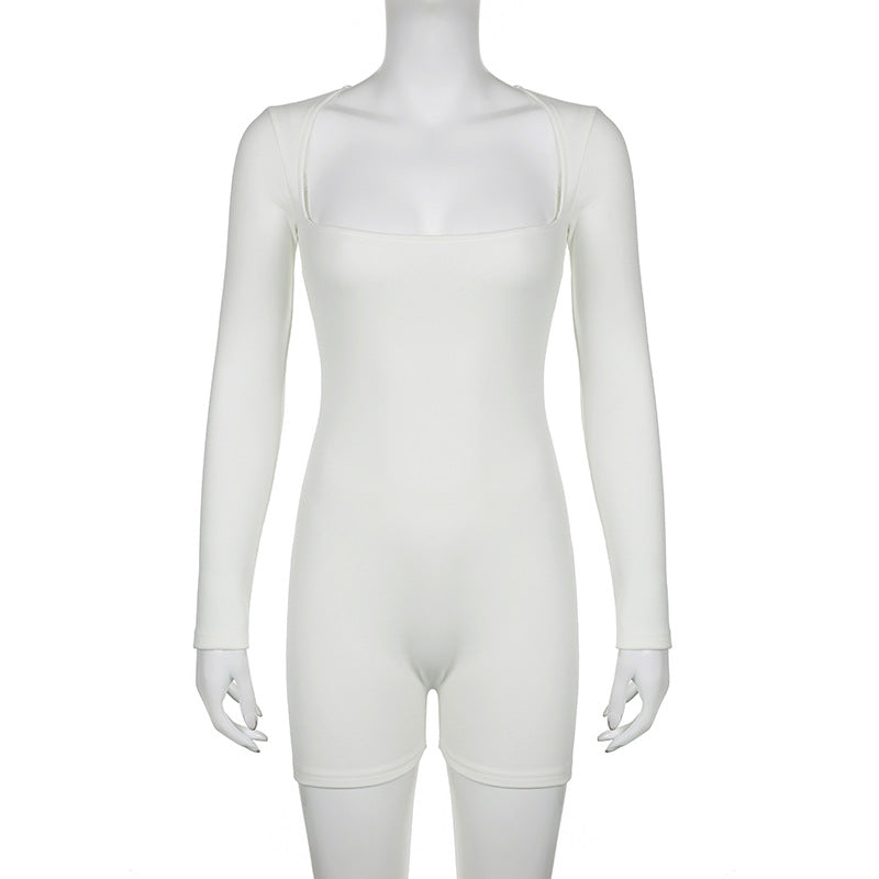 Women's Solid Color Basic Bottoming Square Collar Long-sleeved Slim Jumpsuit Casual Sports Shorts