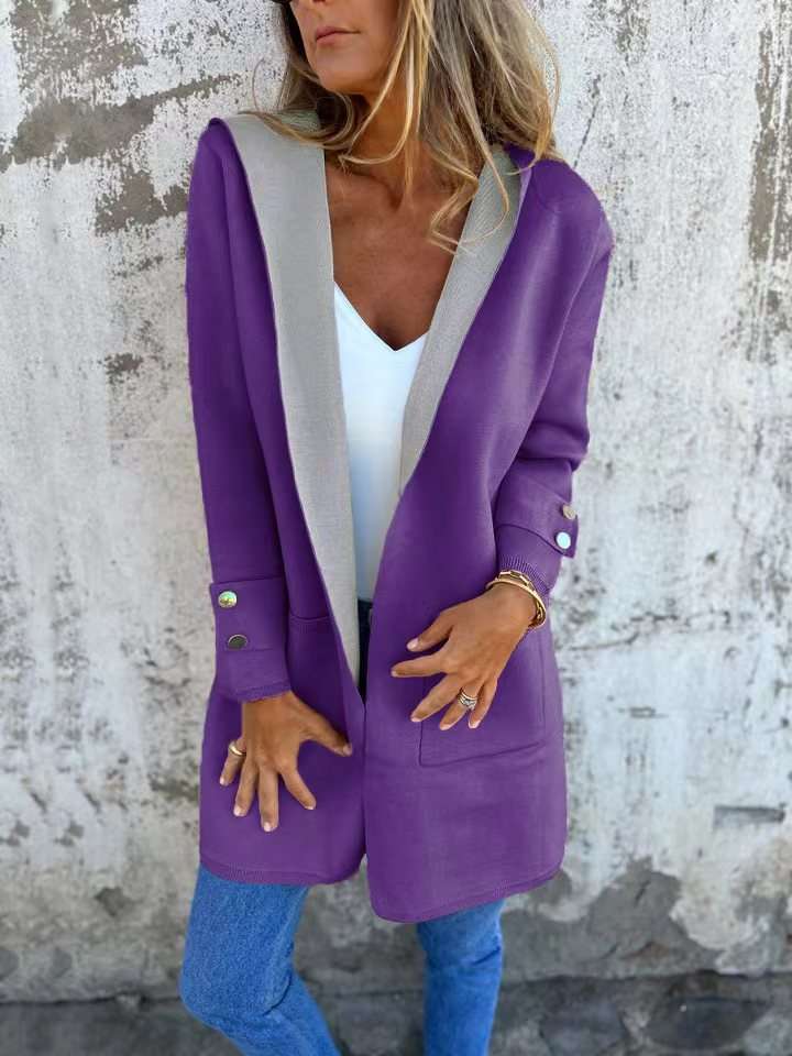 European And American Spring New Women's Clothing Casual Contrast Color Sweater Cardigan Hooded Coat - globaltradeleader