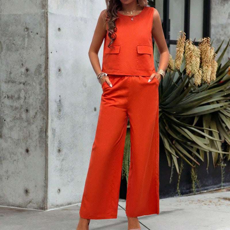 Leisure Solid Color Sleeveless Top Wide Leg Trousers Suit - globaltradeleader