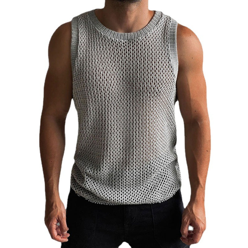 Solid Color Round Neck Sleeveless Hollow Knitted Vest - globaltradeleader