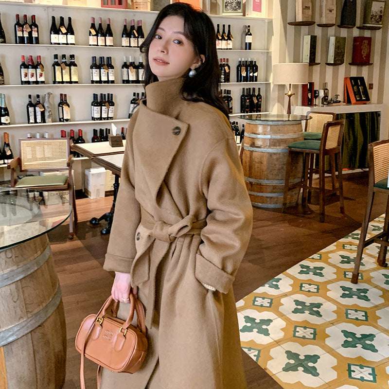 Women's Large Lapel Pure Color Tied Warm Reversible Woolen Coat - globaltradeleader