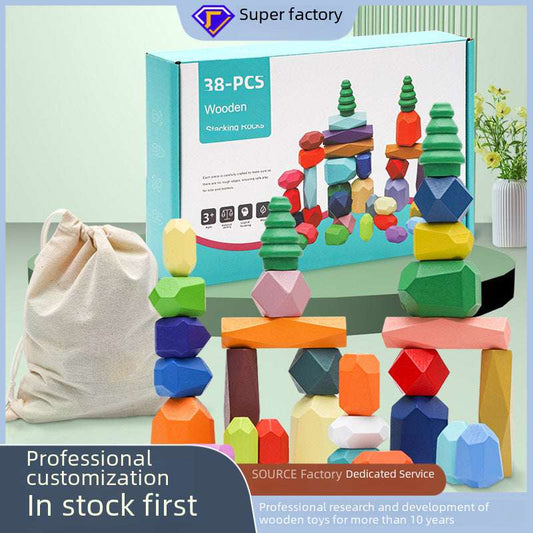 Children's Wooden Nordic Style Colorful Stone Building Blocks Educational Color Cognition Parent-child Interaction Indoor Decoration Toys