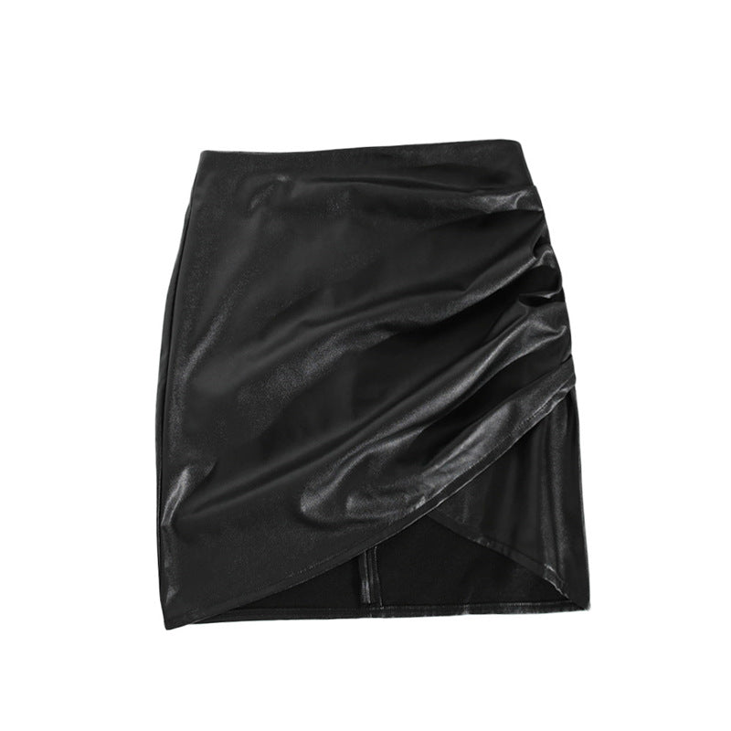 PU Leather Skirt Sexy Pleated Skirt Zipper High Waist Bag Hip Skirt