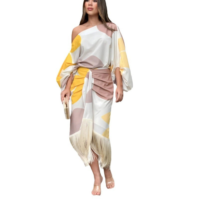 Printed Lantern Sleeve Loose Top Tassel Hem Skirt Women's Two-piece