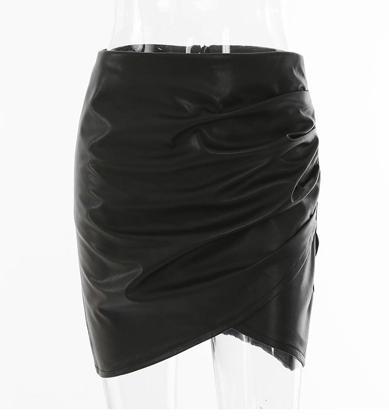 PU Leather Skirt Sexy Pleated Skirt Zipper High Waist Bag Hip Skirt