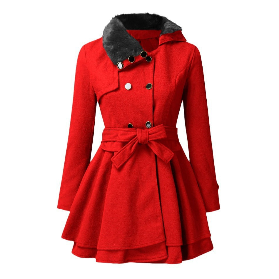 Women's Fur Collar Coat Double-breasted Trench Coat With Large Skirt - globaltradeleader