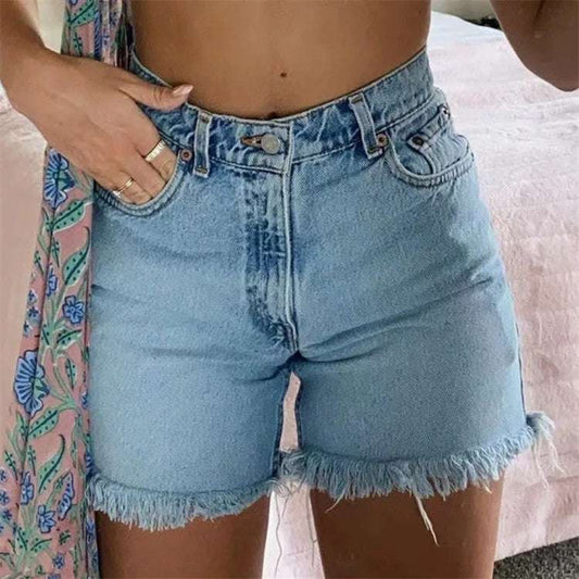 High Waist Slimming Frayed Hand Frayed Denim Shorts - globaltradeleader