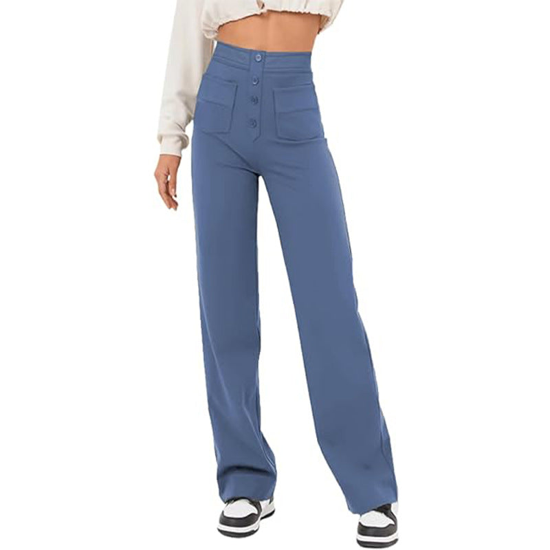 High Waist Trousers With Pockets Casual Loose Wide Leg Button Straight Pants Women's Clothing - globaltradeleader