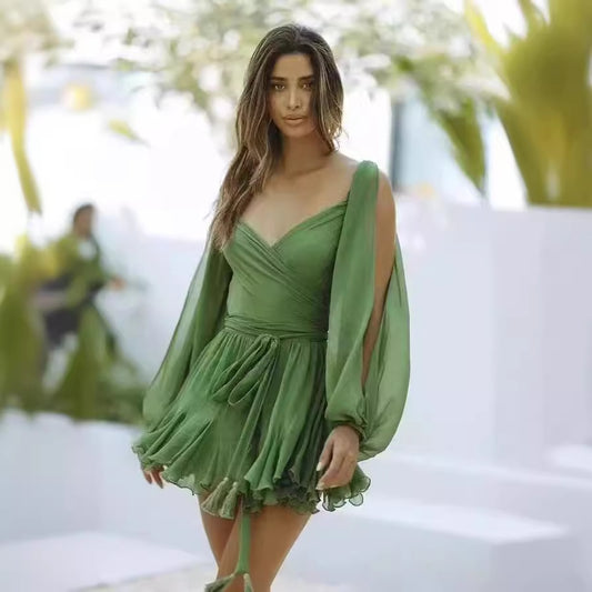 Spring Women's Dress Sexy Spice Girls Hollow Lantern Sleeve V-neck Shoulder Dress