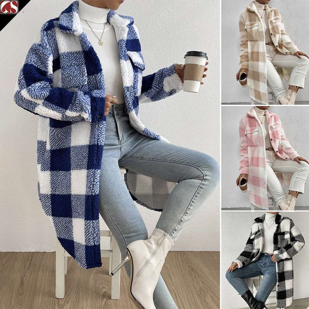 European And American Autumn And Winter Open Button Lapel Plush Plaid Coat Loose Temperament Commuter Long Coat For Women