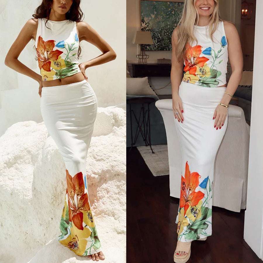 Europe And The United States Spring And Summer Positioning Flower Sleeved Skirt Two-piece INS Leisure Vacation Women's Clothing Two-piece