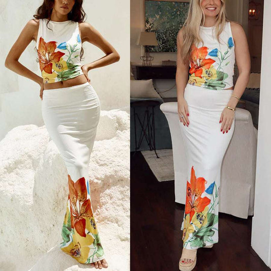 Europe And The United States Spring And Summer Positioning Flower Sleeved Skirt Two-piece INS Leisure Vacation Women's Clothing Two-piece