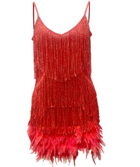 V-neck Strap Feather Stitching Dress - globaltradeleader