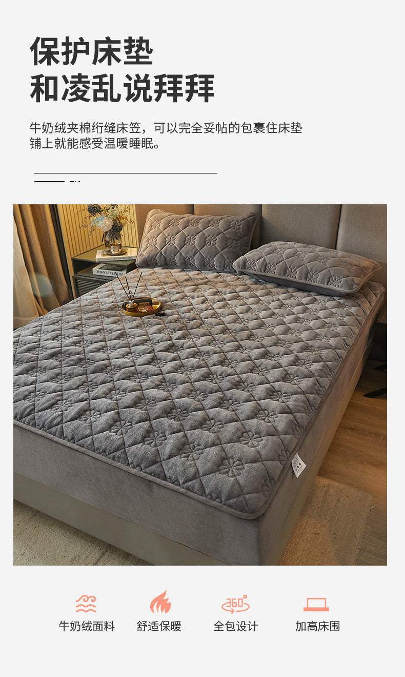 Milk Velvet Quilted Bed Sheet Single Piece Winter Thickened Coral Flannel Bed Cover Three-piece Set Mattress Protector Sheet - globaltradeleader