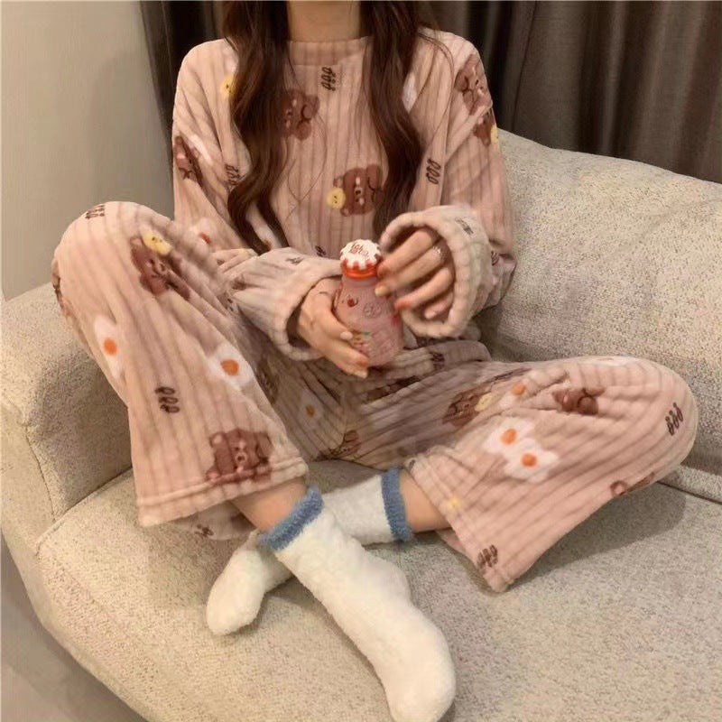 2023 Winter Home Wear Women Can Wear Coral Velvet Warm Printed Thickened Long Sleeve Home Casual Warm Suit