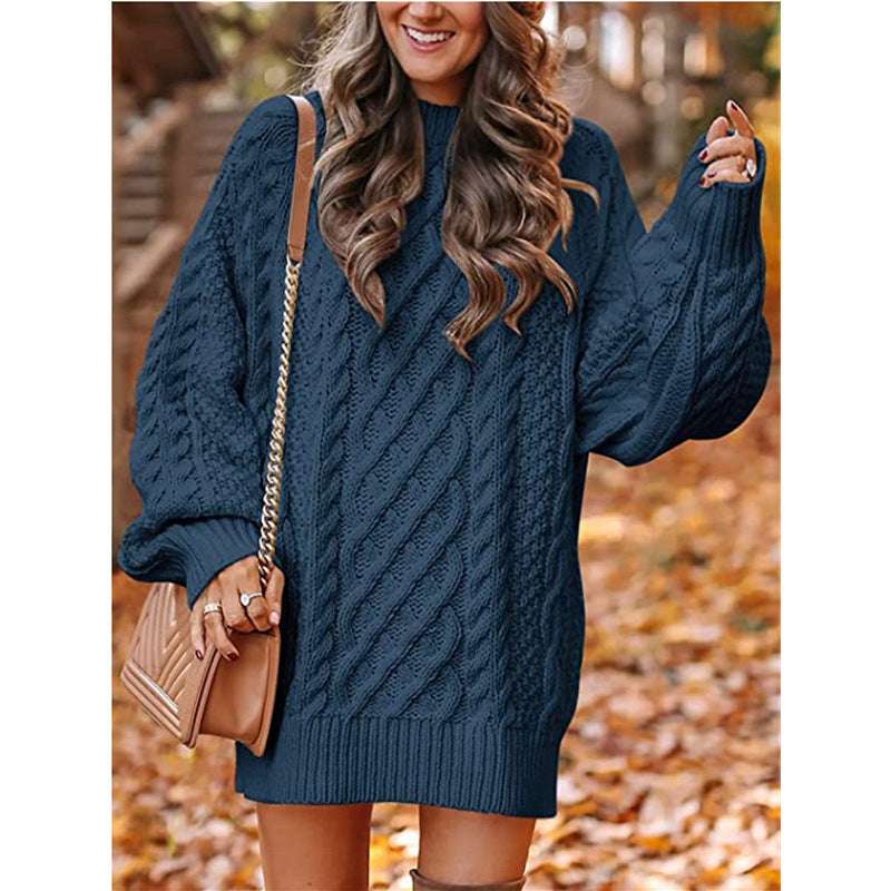 European And American Women's Clothing Round Neck Long Sleeves Large Profile Cable Knit Thick Knit Pullover Mid-length Sweater Women's Dress - globaltradeleader