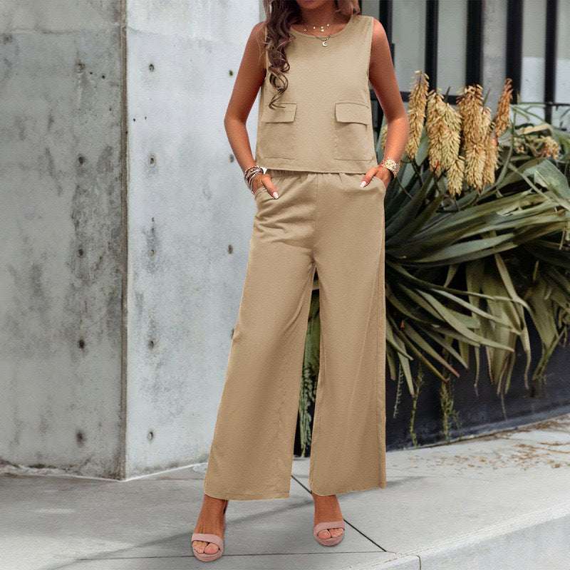 Leisure Solid Color Sleeveless Top Wide Leg Trousers Suit - globaltradeleader