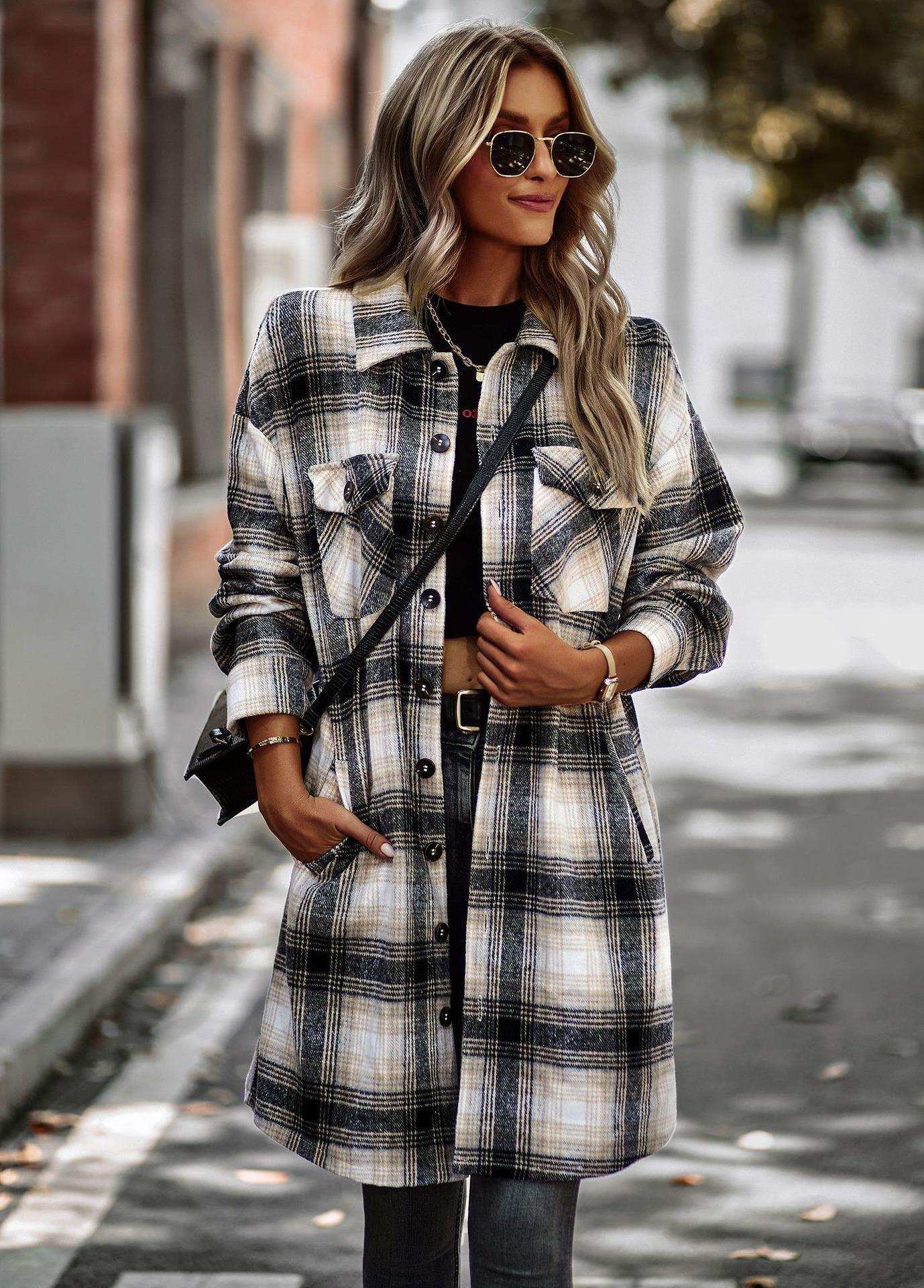 Temperament Leisure Long Plaid Tup Cardigan Coat - globaltradeleader