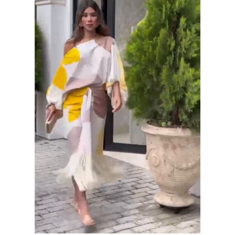 Printed Lantern Sleeve Loose Top Tassel Hem Skirt Women's Two-piece