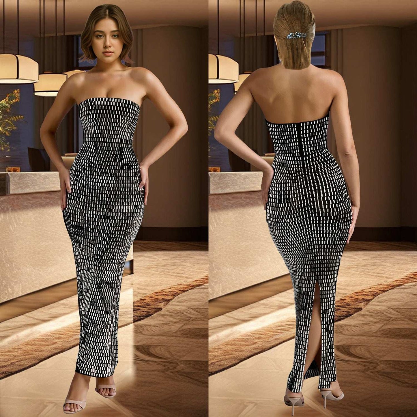 Fashion Women's Solid Color Rhinestone Sleeveless Dress Long