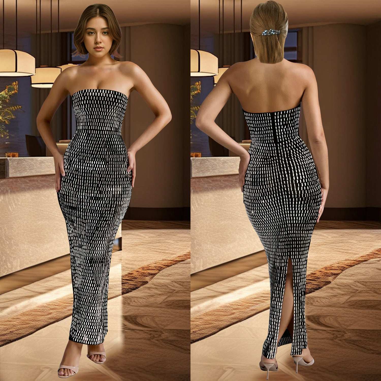 Fashion Women's Solid Color Rhinestone Sleeveless Dress Long