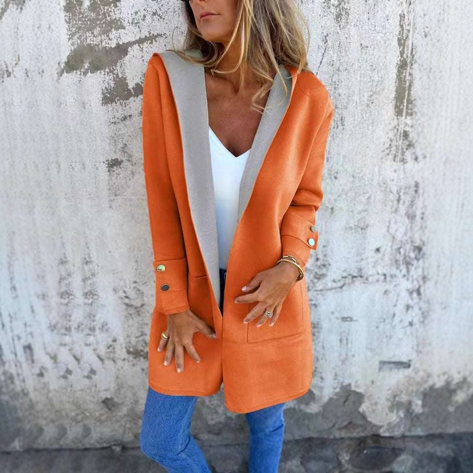 European And American Spring New Women's Clothing Casual Contrast Color Sweater Cardigan Hooded Coat - globaltradeleader