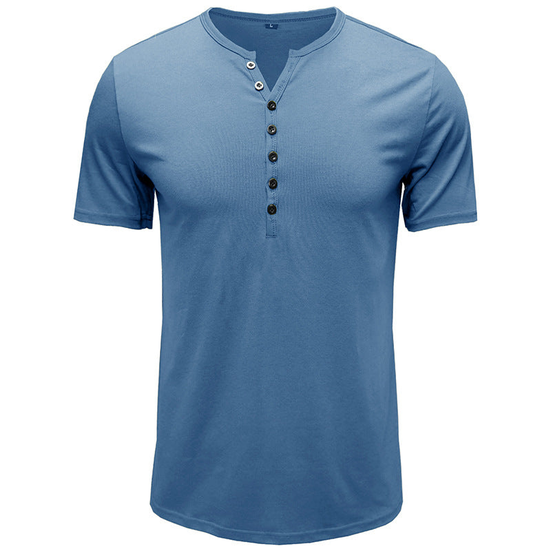 Summer Men's Clothing European And American Men's Henley Shirt Short-sleeved Me's T-shirt Solid Color Top