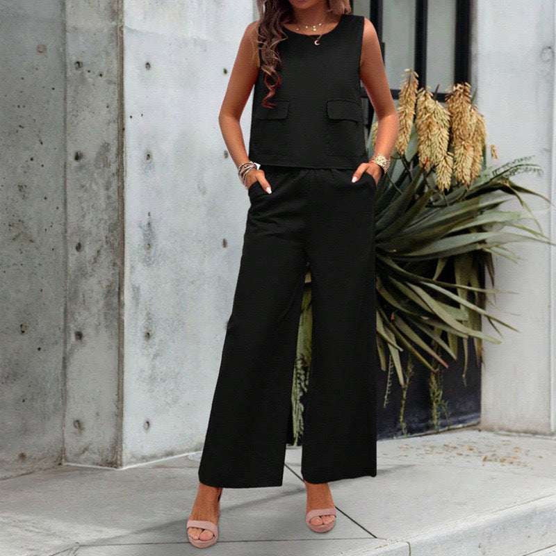 Leisure Solid Color Sleeveless Top Wide Leg Trousers Suit - globaltradeleader