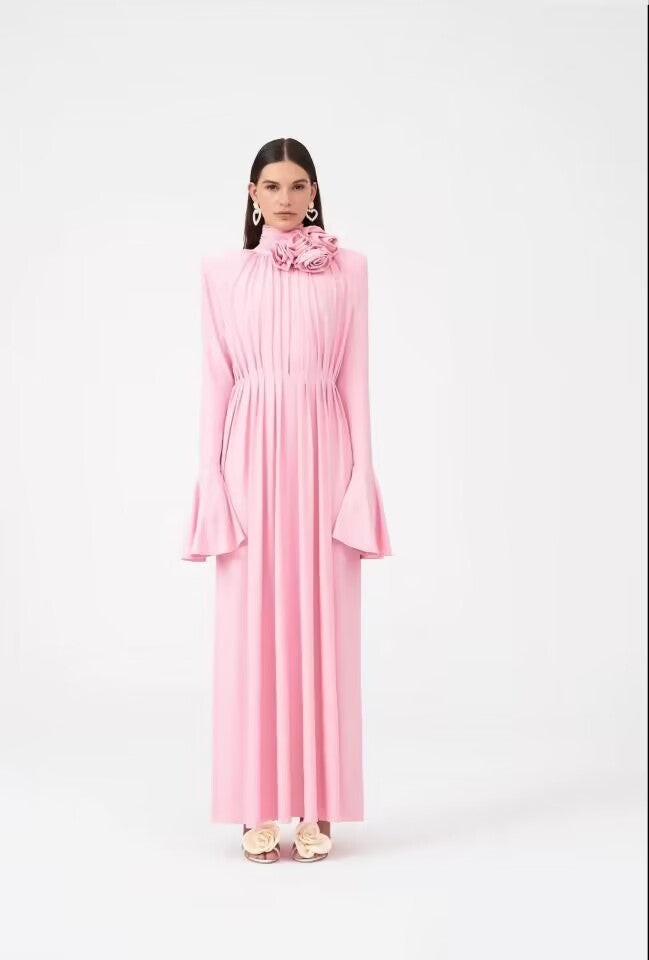 Socialite High Collar Rose Stereo Flower Trumpet Sleeve Sexy Split Gentle Dress Long Dress