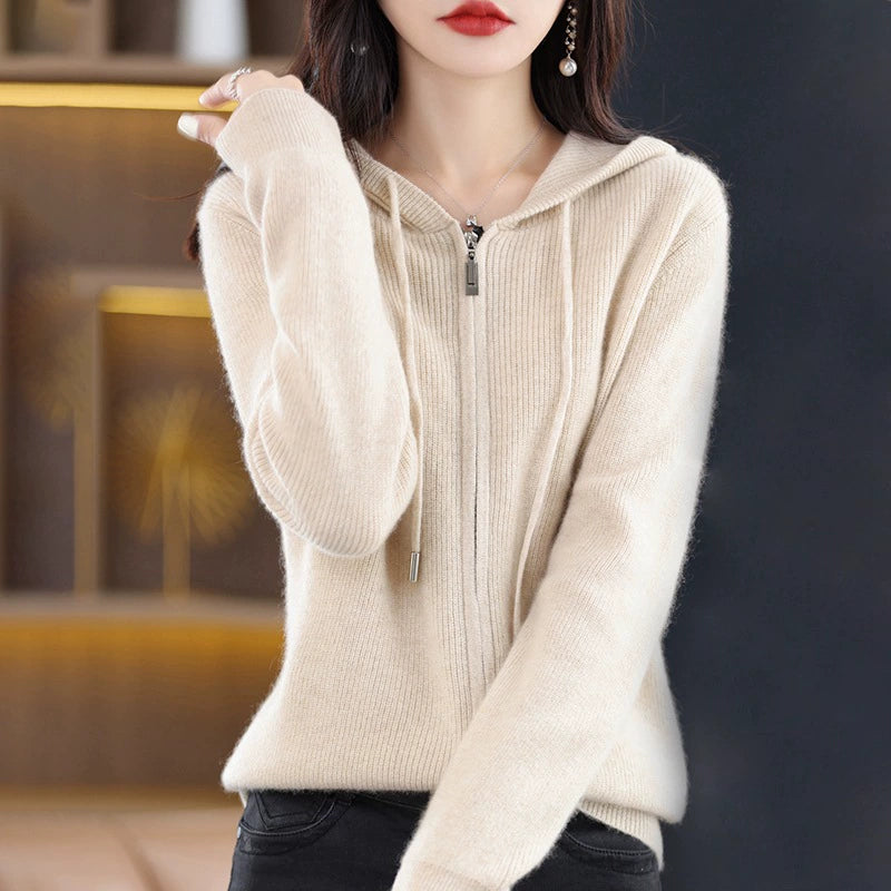 Wool Blended Women's Zipper Hooded Knitted Cardigan, Long-sleeved Outer Wear And Inner Sweater Jacket - globaltradeleader