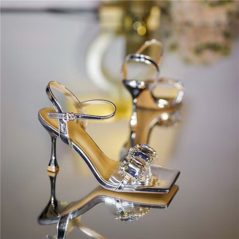 Sandals For Women Summer Open Toe Stiletto Heel Rhinestone Sexy One-word Buckle Strap Fashionable Versatile Silver High