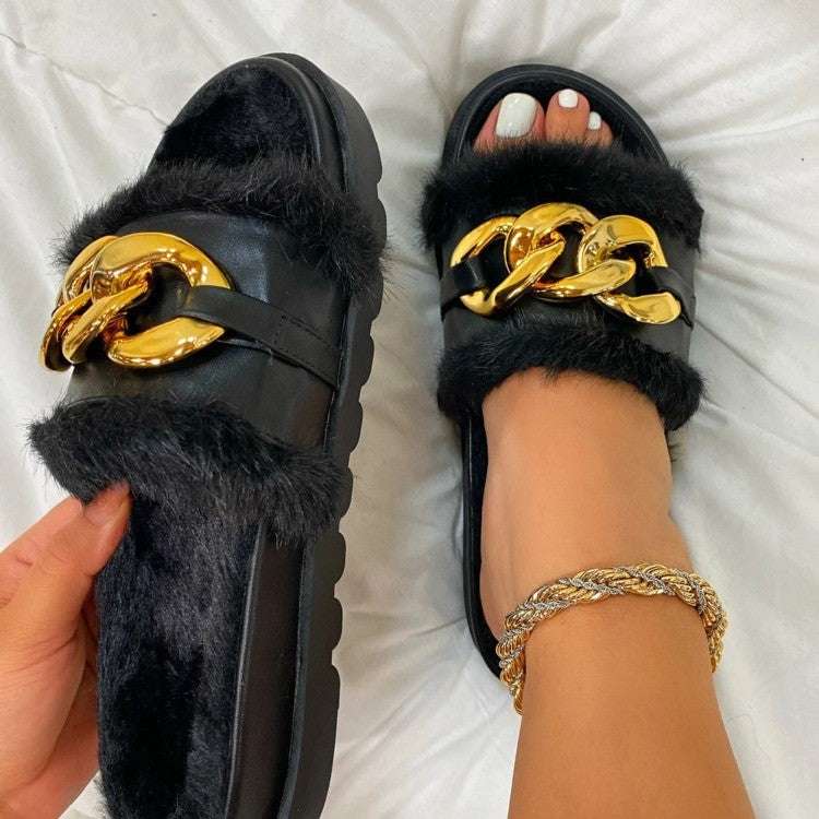Wool Slippers Medium Heel Round Toe Metal Chain Wool Shoes Women Winter Outerwear Black Slippers