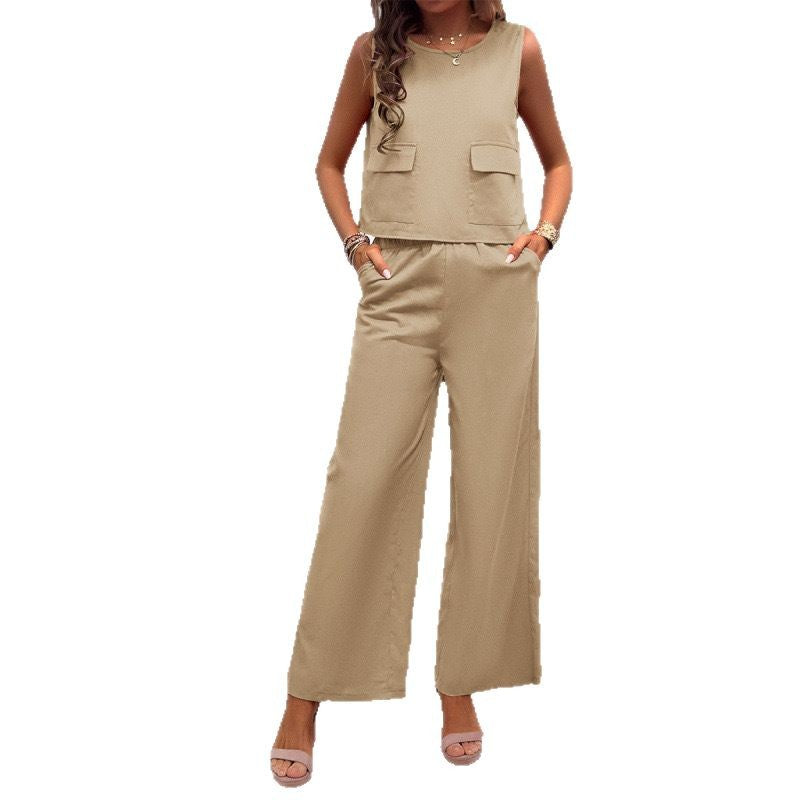 Leisure Solid Color Sleeveless Top Wide Leg Trousers Suit - globaltradeleader