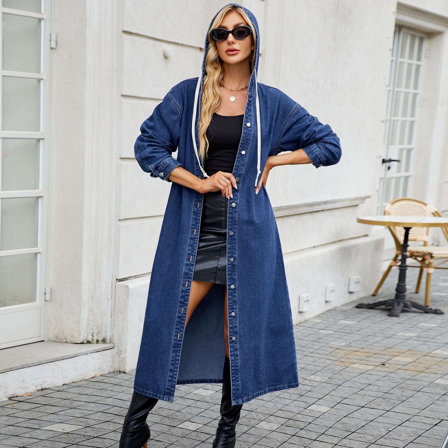 Women's Washed Hooded Long Denim Coat - globaltradeleader