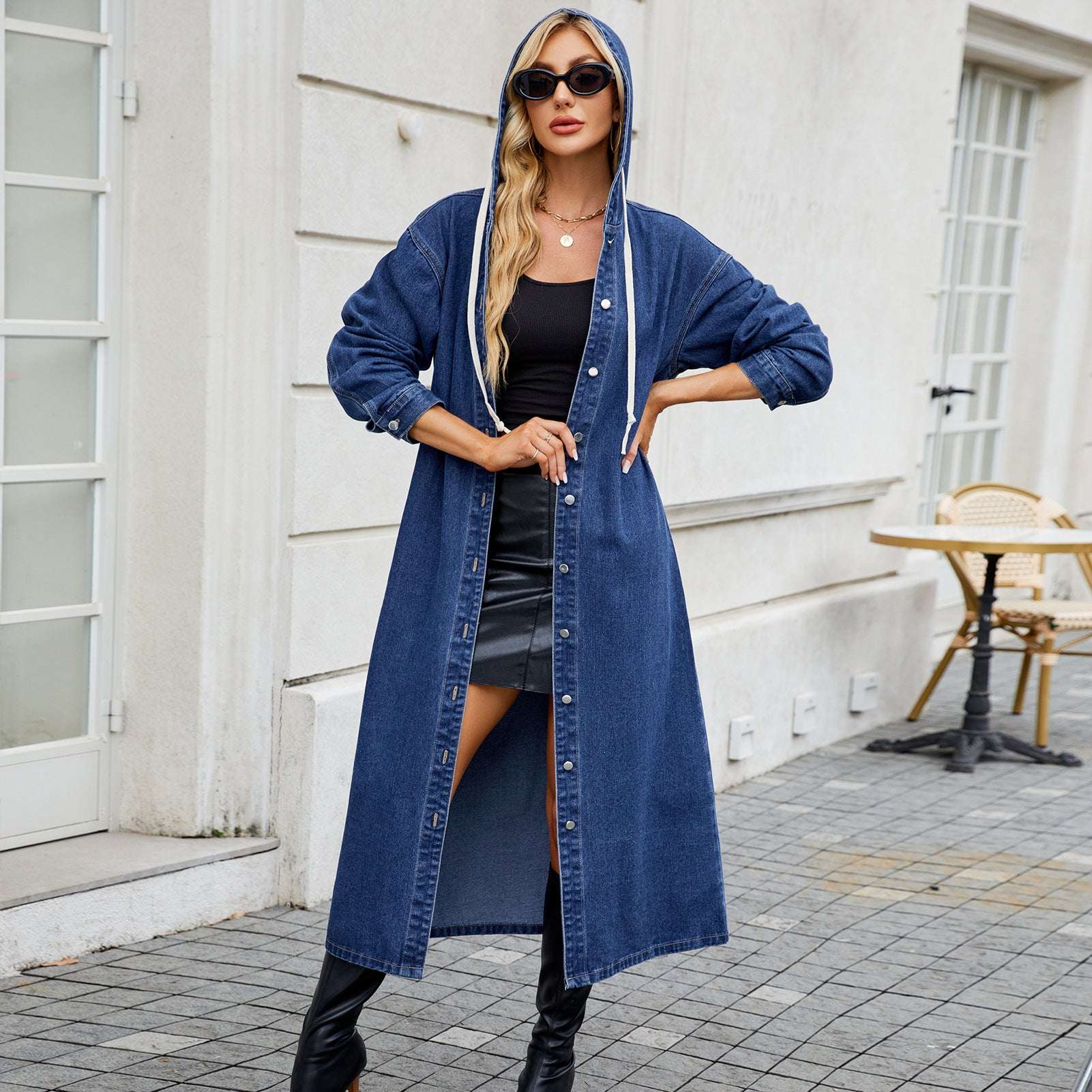 Women's Washed Hooded Long Denim Coat - globaltradeleader