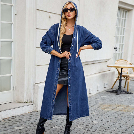 Women's Washed Hooded Long Denim Coat - globaltradeleader