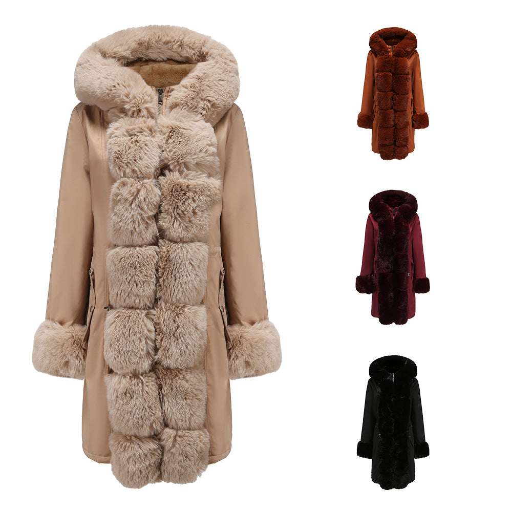 Winter New Cotton Coat Women's Detachable Fur Collar Mid-length Long-sleeved Pie To Overcome Solid Color Hooded Warm Cotton Coat