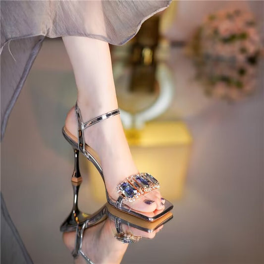 Sandals For Women Summer Open Toe Stiletto Heel Rhinestone Sexy One-word Buckle Strap Fashionable Versatile Silver High