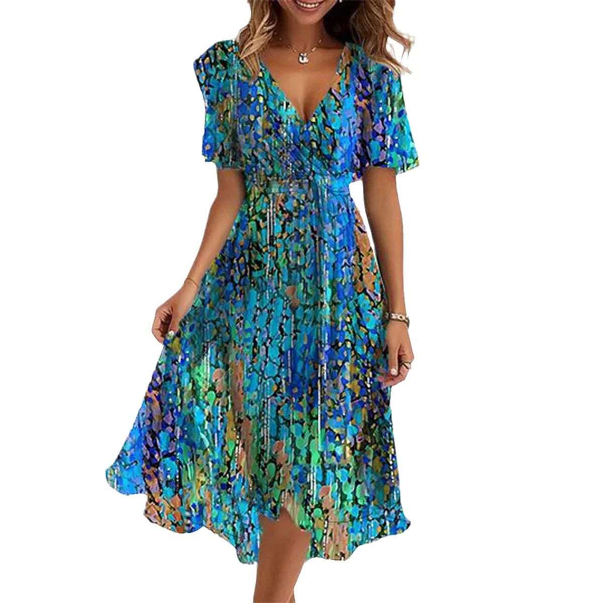 Chiffon Printed Women Sexy Elegant Light Mature V-Neck Dress