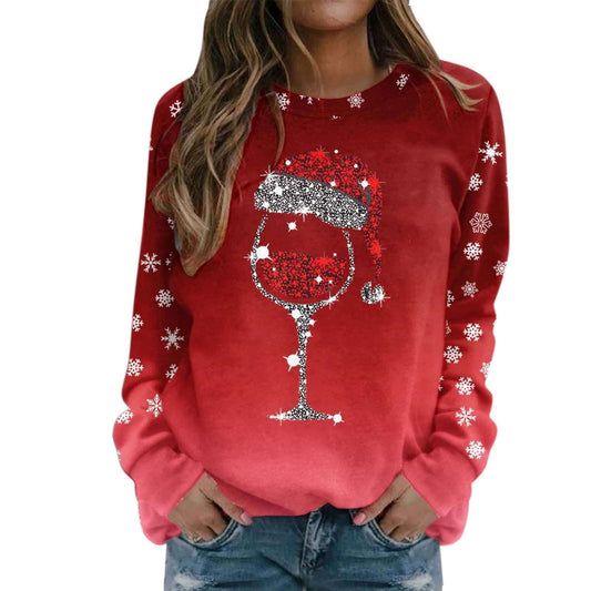 Christmas Sweater Women's Wine Cup Christmas Hat 3D Printing European And American Clothing