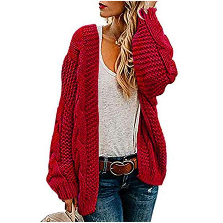European And American Spring And Autumn Coarse Needle Twist Knitted Cardigan Women's Mid-length Solid Color Casual Loose Coat Cardigan