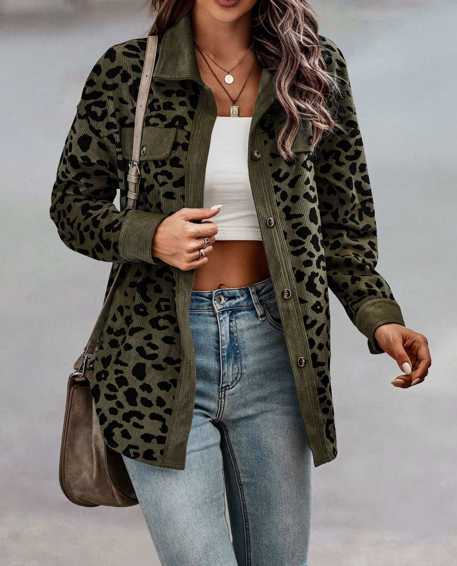 Women's Clothing Autumn And Winter Fashion Leopard Print Button Long-sleeved Jacket