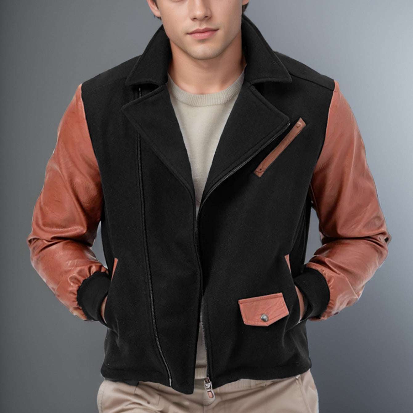 PU Leather Patchwork Wool Lapel Color Matching Men's Jacket - globaltradeleader
