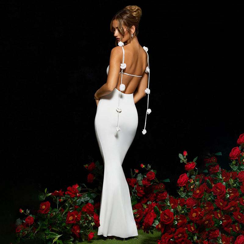European And American Women's Sexy Evening Dress Backless Shoulder Strap Three-dimensional Flower Decorative Sling Long Dress