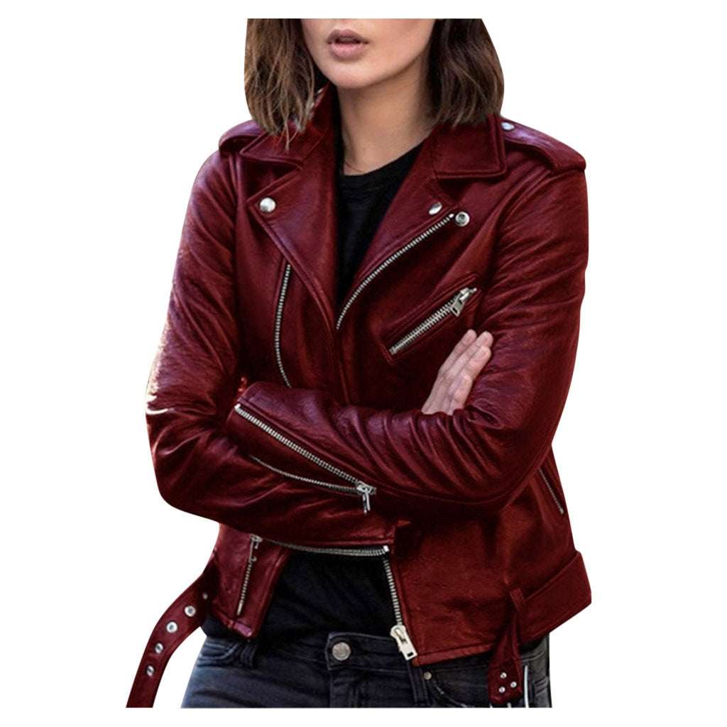 Spring And Autumn Plus Size Women's Short Women's Leather Jacket European And American PU Motorcycle Wear Slim Winter Clothes Wallet Overcome