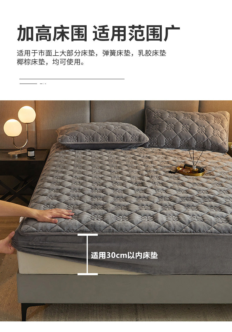 Milk Velvet Quilted Bed Sheet Single Piece Winter Thickened Coral Flannel Bed Cover Three-piece Set Mattress Protector Sheet - globaltradeleader