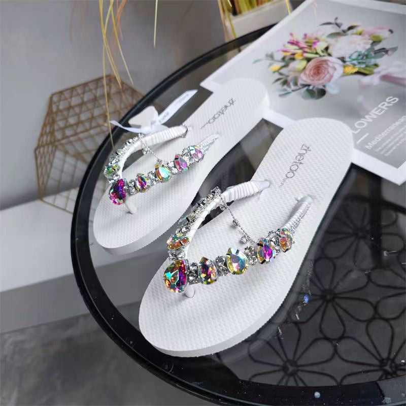 Flip-flops Women's Summer Outer Wear Korean Version Net Red Rhinestones Flat Bottom Sandals And Slippers Beach Shoes Women's