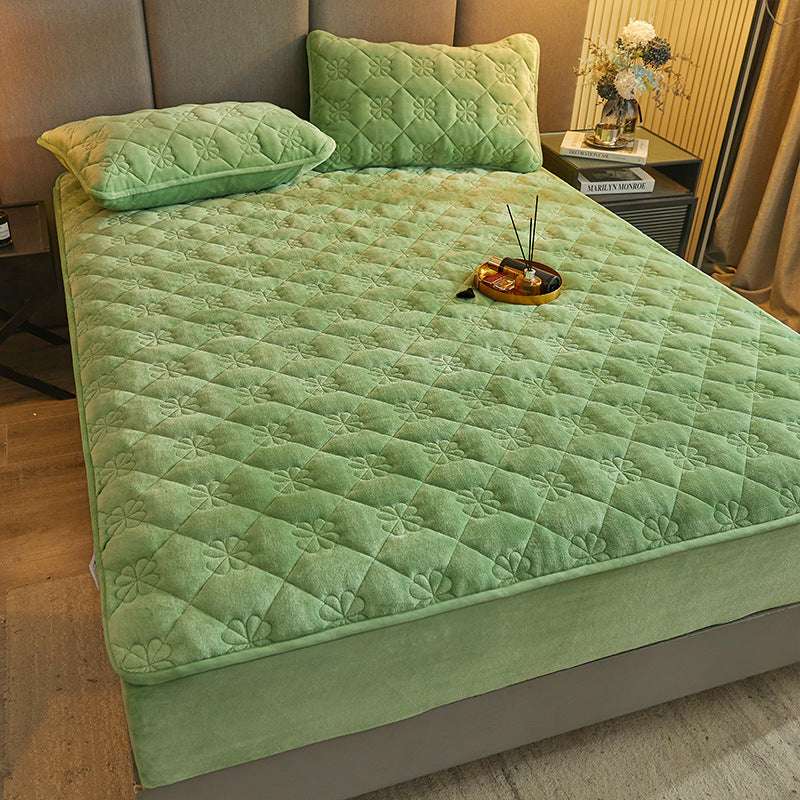 Milk Velvet Quilted Bed Sheet Single Piece Winter Thickened Coral Flannel Bed Cover Three-piece Set Mattress Protector Sheet - globaltradeleader