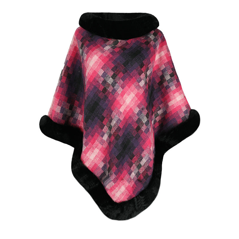 Cape Colored Plaid Thermal Knitting Shawl Women's Coat